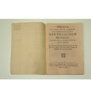 Trecena en honra de el glorioso esclarecido taumaturgo San Francisco de Paula, patriarca de la Sagrada Religión de los mínimos.